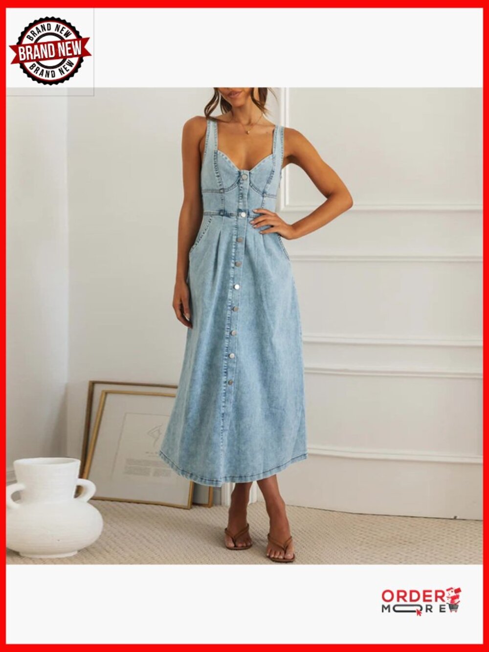 Sleeveless Halter Maxi Denim Dress Bodycon Formal Summer Strap - Picture 7 of 7